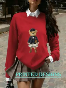 Elegant Women's Round Neck Long Sleeve Warm Knitted Sweater with Vintage Bear Print, Fitted Style for Fall & Winter, Perfect for Casual and Workwear
