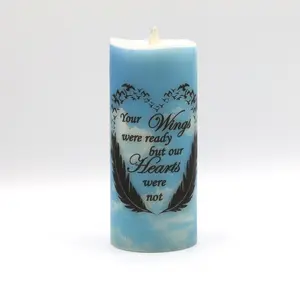Memorial candle with clouds, your wings were ready but our hearts were not, flameless real wax battery operated candle, funeral centerpiece, gift for passed loved one