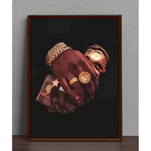 Black man with gold jewelry and holding dollars wall art, black art, Decor Gift Room Ornaments