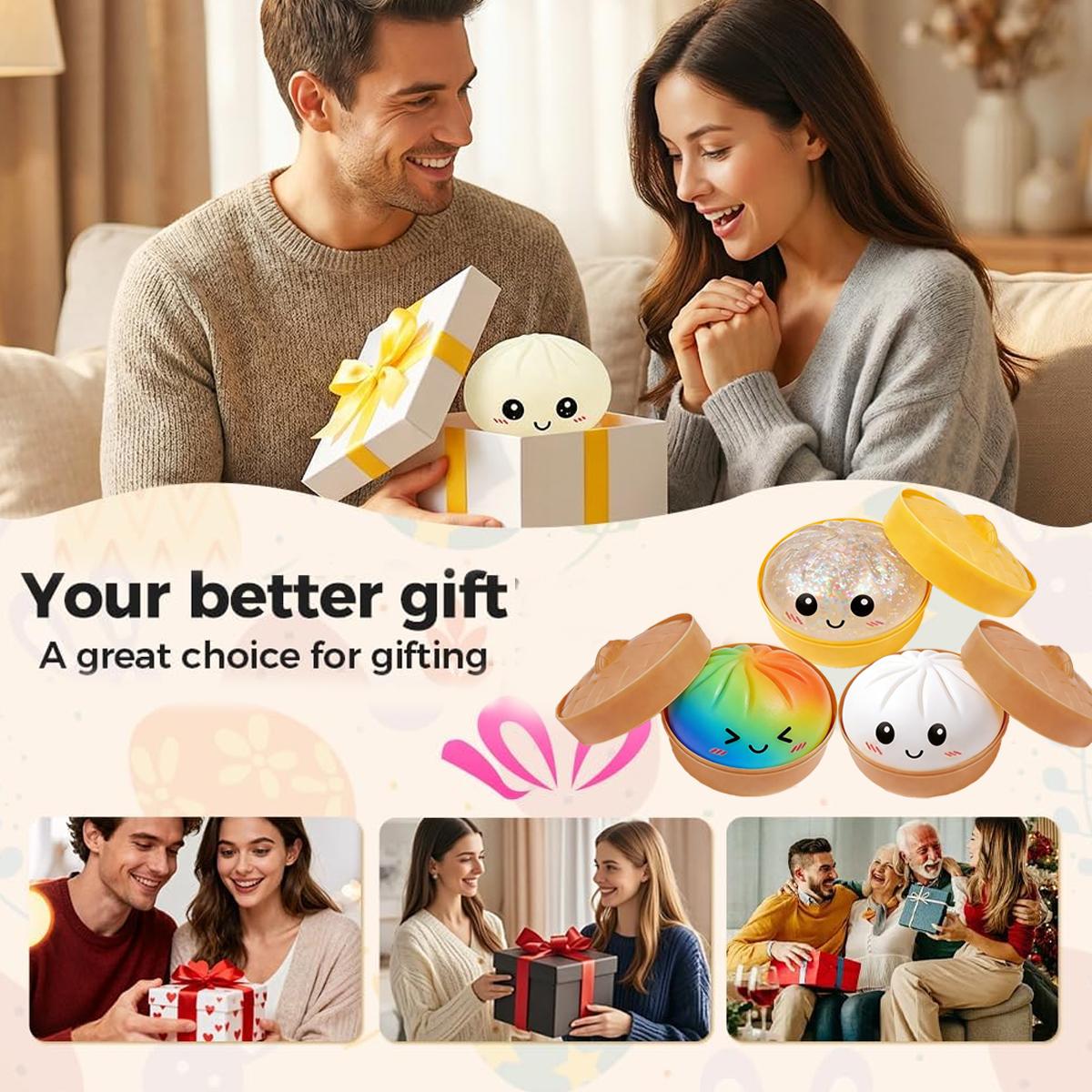 Dumpling Squishy Packs  Cute glitter dumpling squishies in a mystery box! Perfect stress relief fidget toys with fun surprises inside. Sparkly, squishy, and adorable great for anxiety relief and sensory play!