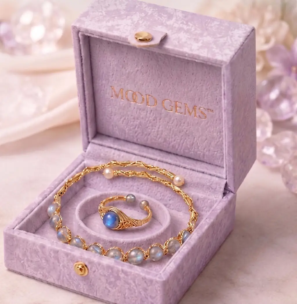 MOOD GEMS Women's Natural Labradorite Jewelry Gift Set, Handcrafted Wire-Wrapped Gemstones Bracelet & Adjustable Ring, Elegant Gift for Females