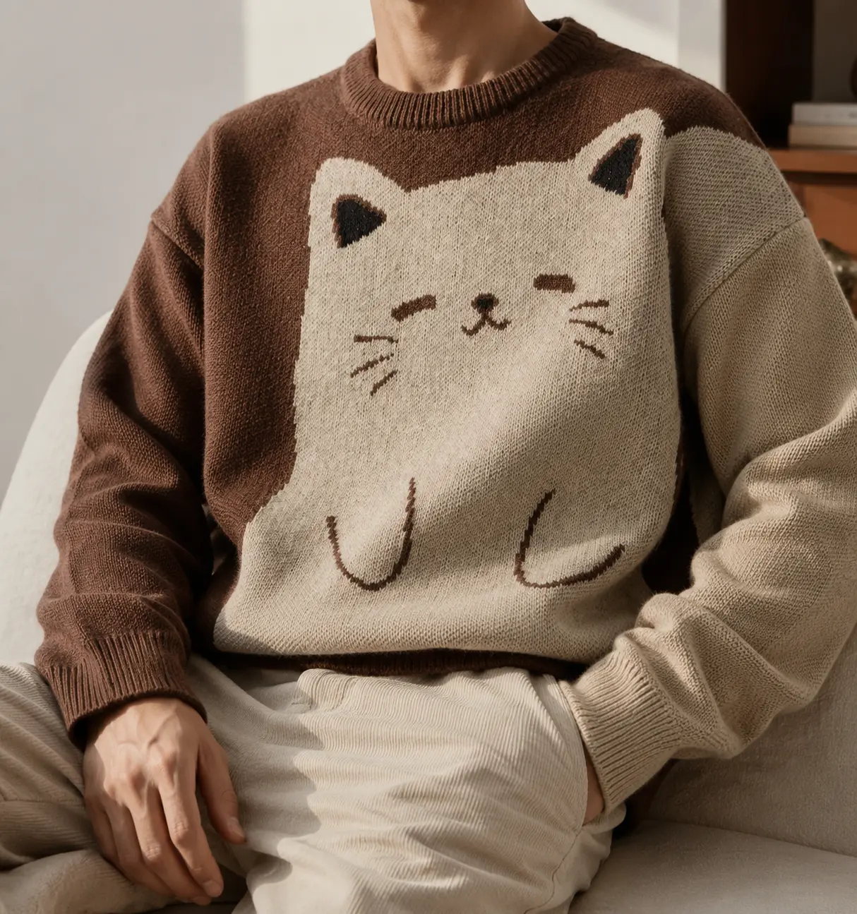 Men's Oversized Knit Sweater Cute Cat Graphic Pullover Brown Color Block Crewneck Long Sleeve Jumper Harajuku Y2K Vintage Streetwear Casual Fall Winter Cozy Warm Top Trendy Japanese Indie Aesthetic Mens Fashion Knitwear Clothing