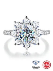 S925 Sterling Silver Sunflower Design Synthetic Moissanite Ring, Elegant Engagement Ring for Women, Fashion Jewelry Accessories for Party, Daily Decor, Engagement Wedding Rings
