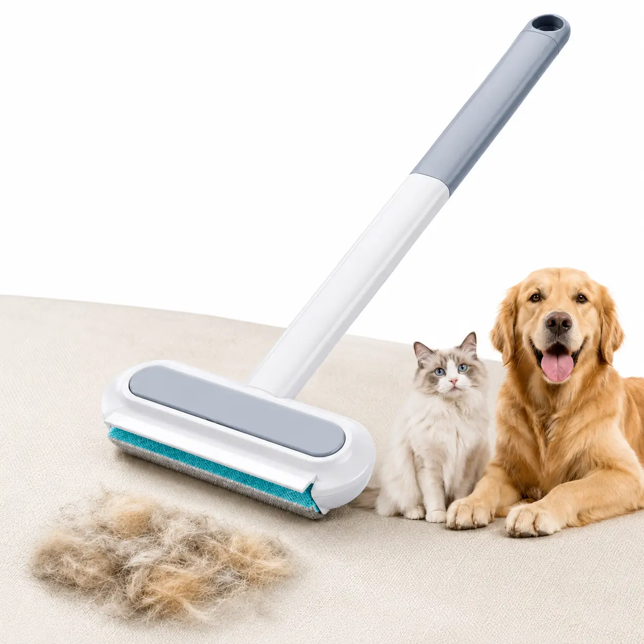 Long Handle Pet Hair Remover for Sofa, Carpet & Pet Bed | Reusable Manual Fabric Hair Cleaner for Dog & Cat Fur