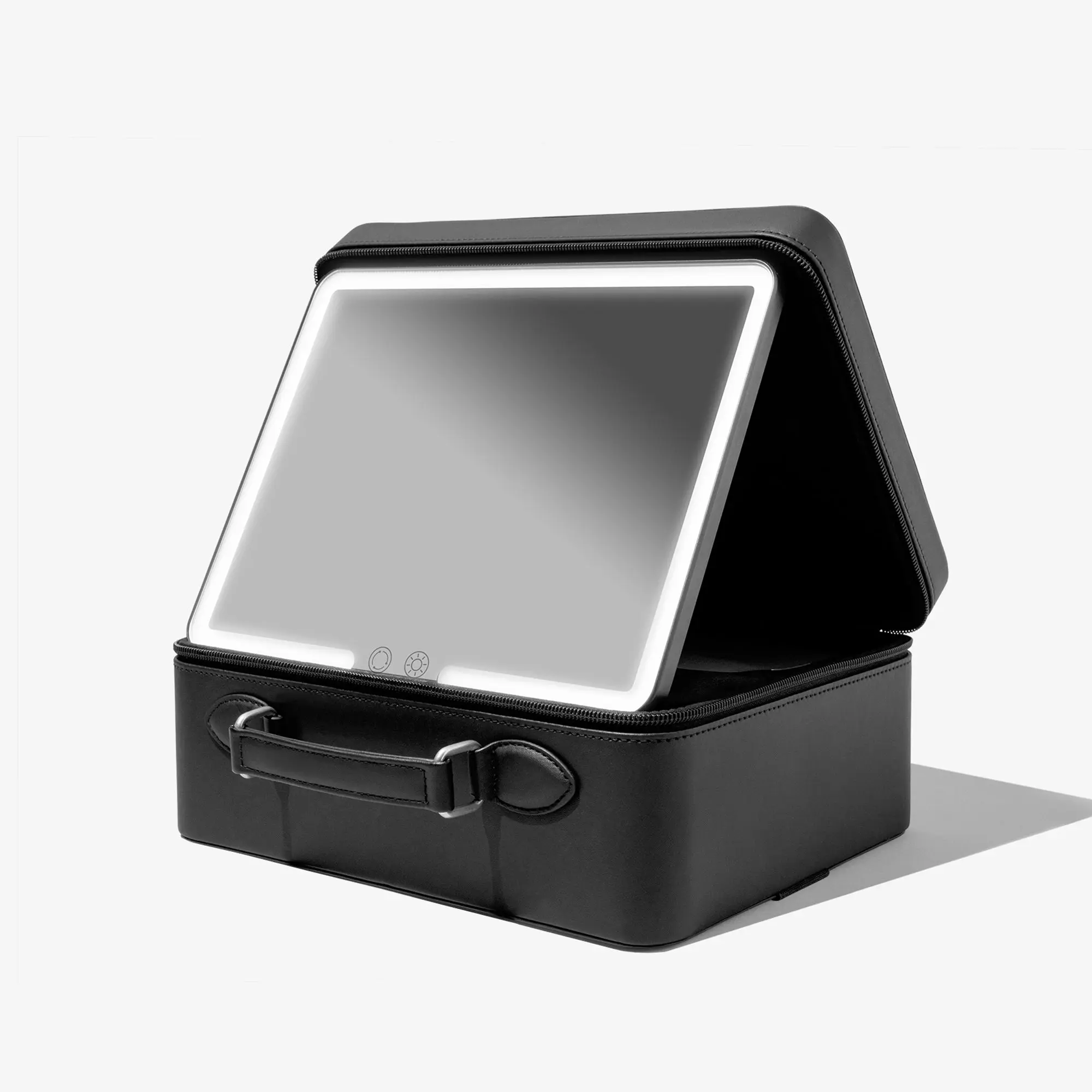 Vanity Planet Baia Portable Vanity Case, Solid Black Hard-Shell Makeup Storage Bag for Travel with Rechargeable LED Light-Up Mirror