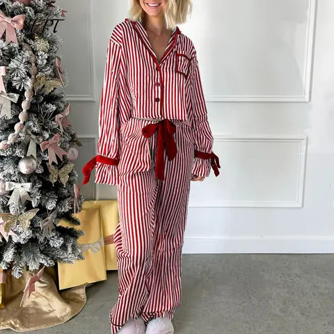Womens Striped Pajama Set Long Sleeve Button-up Crop Tops Bow Long Pants 2 Piece Sleepwear Outfit Christmas Holiday Loungewear Sets