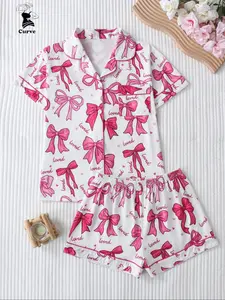 Women's Sleepwear Set, Pajama Set, Bowknot Printed Short Sleeve Top & Elastic Shorts, Casual Fitted Design, All-Over Animal Pattern, Comfortable Fit