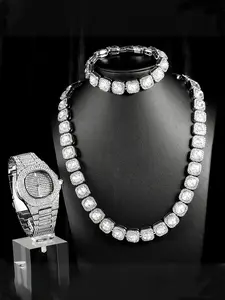 3pcs Silver Watch Jewelry Set Iced Out Cube Sugar Chain+Bracelet With Stylish Inlay Diamond Watch For Men Women Trend Party Gift