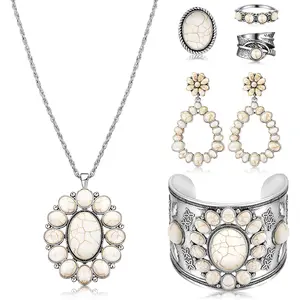 Bohemian Western Jewelry Turquoise Set Women Bohemian Pendant Long Choker Layered Bracelets Turquoise Earrings Ring