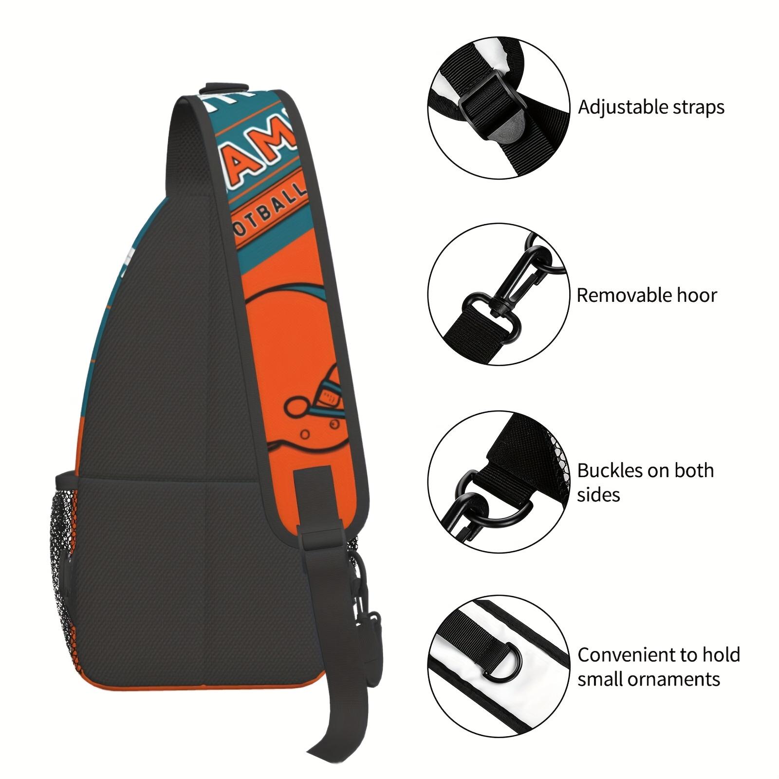 Large Crossbody Backpack  Miami Football Graphic - Turquoise & Orange Football Field Design, Heavy-Duty Machine-Washable Polyester Bag  Zipper Closure & Adjustable Strap - Spacious Chest Pack for Travel, Hiking, Sports, Gaming Fans - Unisex with