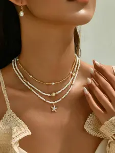 Ocean Style Drip Oil Starfish Shell Scallop Faux Pearl Necklace for Women - Beach Themed Miyuki Beads Layering Choker, Layered necklaces, Summer Vacation Essential Jewelry, Boho Coastal Statement Necklace, Perfect Mother‘s Day Gift
