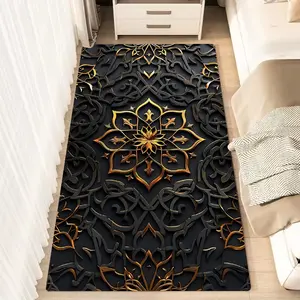 1pc Islamic Baroque Golden Floral Pattern Fluffy Minimalist Area Rug, Polyester 100% Flannel Carpet, Non-Slip Rectangle Floor Mat for Living Room, Bedroom, Kitchen, Office, Entryway, Bedside Rug | Washable, Car Carpet Mats, Holiday Home Decor Gift