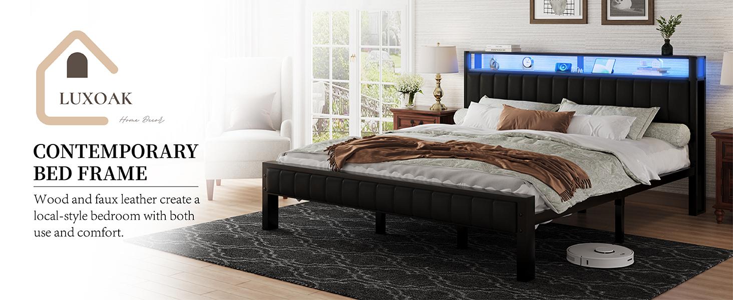 AMERLIFE Modern Metal Bed Frame, Wood & Faux Leather Headboard with Charging Station & 2-Tier Storage Space/No Box Spring Needed/Unique Bedroom Furniture/Home Design/Best Gift Ideas/Christmas Gifts AMERLIFE Modern Metal Bed Frame, Wood & Faux Leather Headboard with Charging Station & 2-Tier Storage Space/No Box Spring Needed/Unique Bedroom Furniture/Home Design/Best Gift Ideas/Christmas Gifts