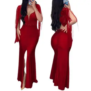 Sparkling Sequin Bodycon Evening Dress Round Neck Slit Fringe Sleeve Elegant Party Gown Formal Womenswear Black Basic Minimalist Piece Workwear