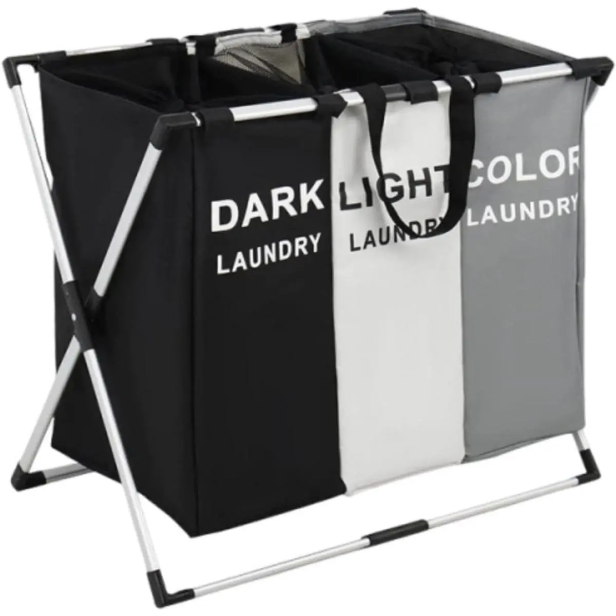 3 Section Foldable Laundry Basket Sorter Waterproof Oxford Bags Sturdy Aluminum Frame Space Saving Hamper Organizer Laundry Room Dorm Closet Storage