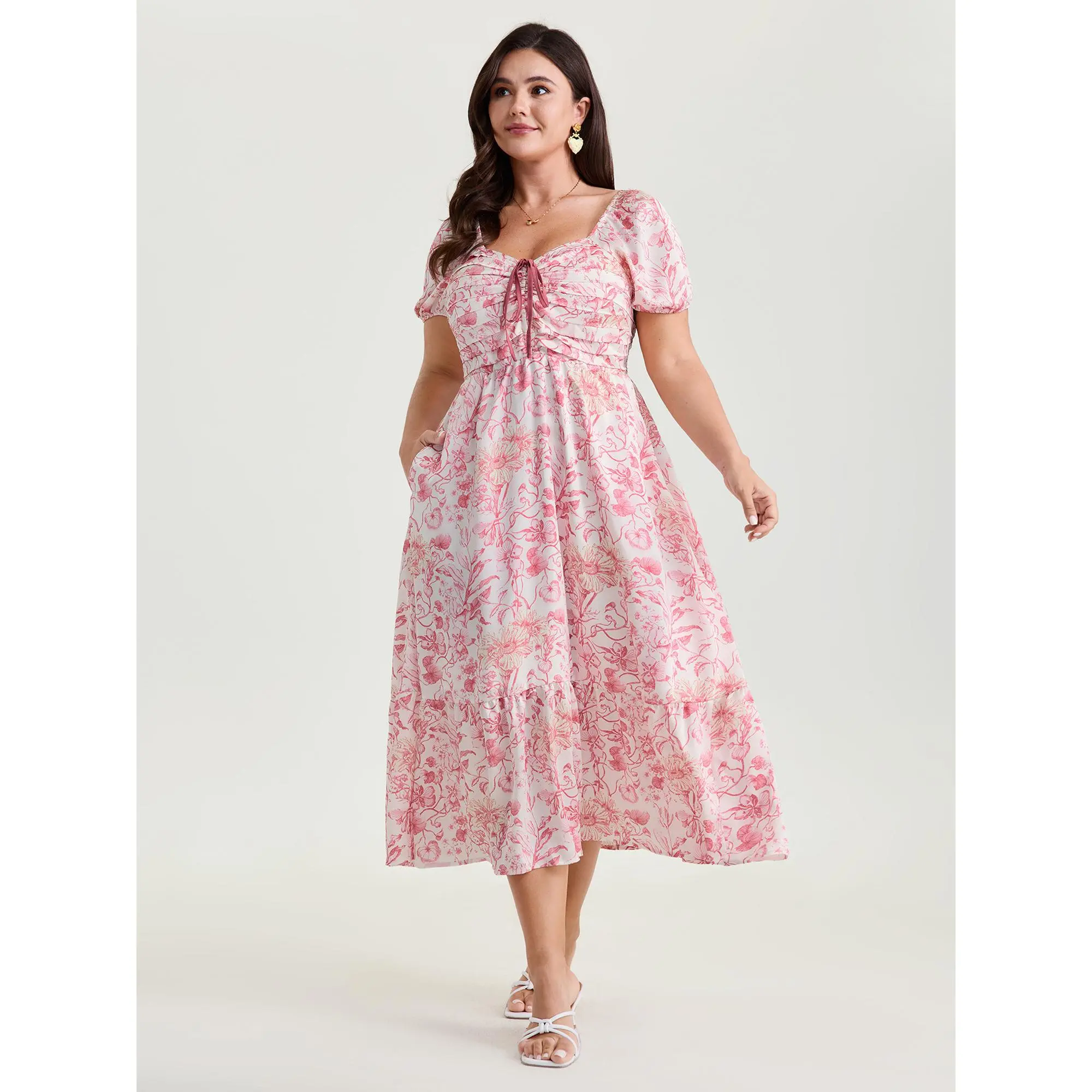 BloomChic Plus Size Casual Ditsy Floral Midi Dress with Ruched Bodice, Square Neck, Shortsleeve and Pocket, Smooth Low Iron Polyester, Fabric