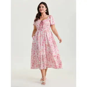 BLOOMCHIC Women's Plus Size Romantic Floral Midi Dress - Ruched Bodice, Stretchy Waist, Short Sleeve, Pocket, Smooth Polyester Fabric, Casual Women's Clothes - [M-6X] 2026 Summer Vibes Garment Clothes