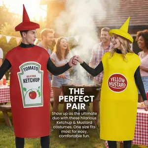 Ketchup Mustard Couple Adult Costume, Unisex Lightweight Food-Themed Outfit, Funny Halloween Fancy Dress for Stage Performance, Carnival, Bar Mascot, Perfect Couples & Food Party Events Adjustable Waist Accurate Mylar flying balloon with long dream mask