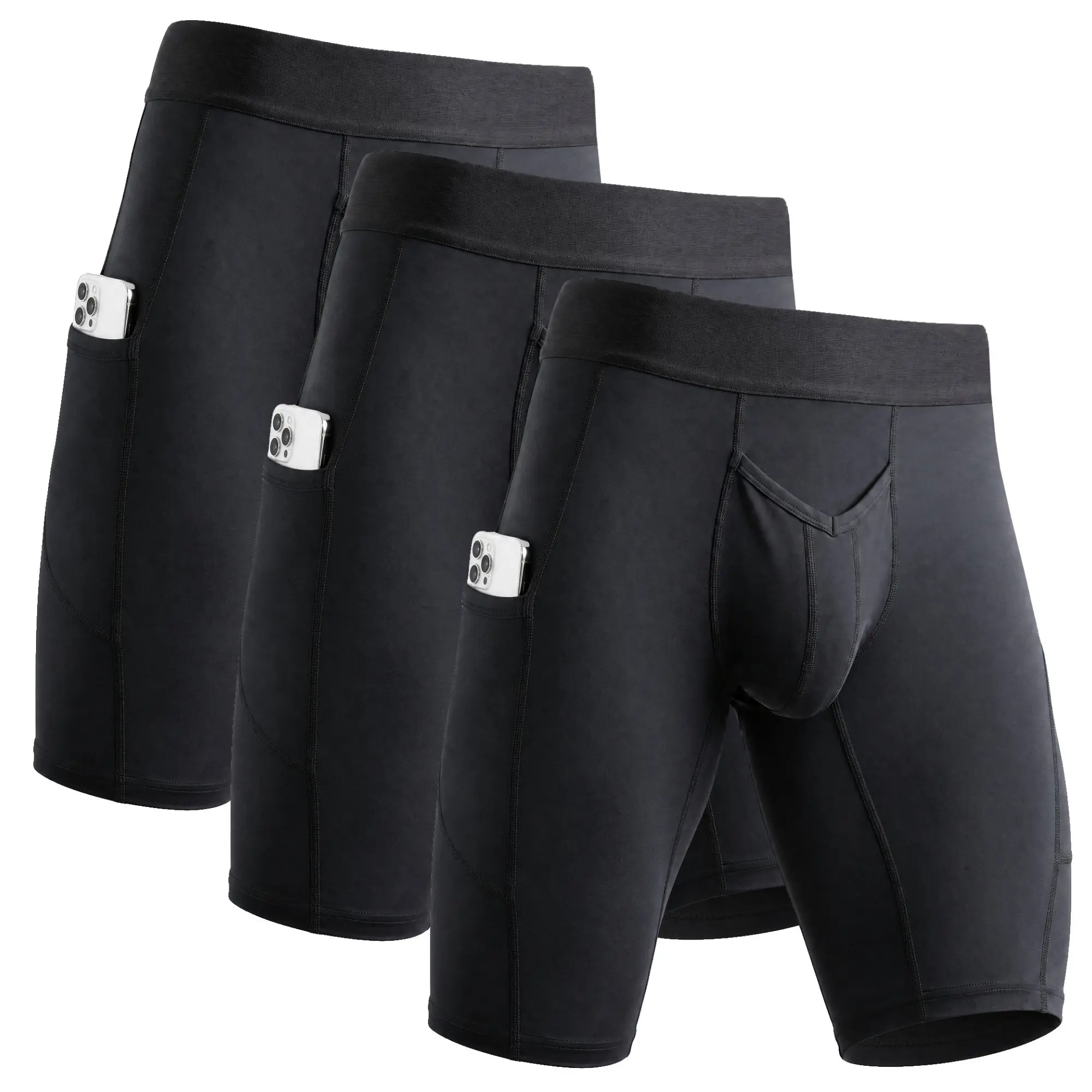 RMAC Men's Compression Shorts with Pockets, 12" Brushed Nylon Boxer Brief Fabric Menswear