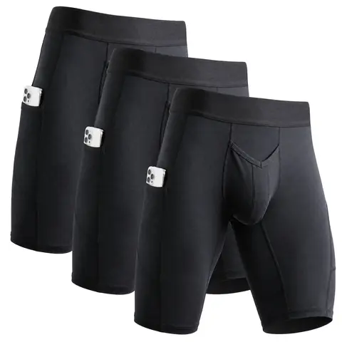 RMAC Men's Athletic Knit Compression Shorts - 12" Brushed Nylon V-Fly Cut Boxer Briefs with Pockets, Sports Compression Fit Stretchy Sporty Underwear for Soccer, Fitness Sportswear Workout Innerwear