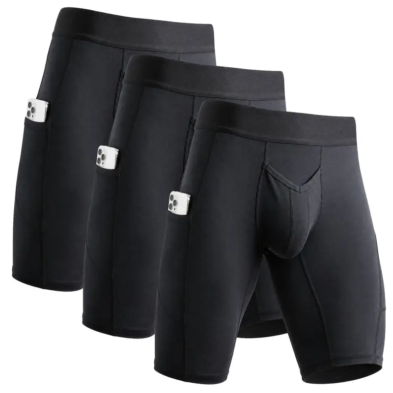 RMAC Men's Athletic Knit Compression Shorts - 12" Brushed Nylon V-Fly Cut Boxer Briefs with Pockets, Sports Compression Fit Stretchy Sporty Underwear for Soccer, Fitness Sportswear Workout Innerwear