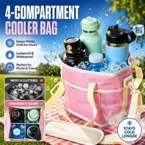 Nylon Family Size 4-Compartment Insulated Drink Bag, Adjustable Strap Tumbler Carrier Caddy, for Hiking & Family Outings