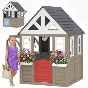 Wooden Garden Playhouse for Kids Dog Door Flower Box Cookware Set 40.9 Inch Wide Interior Fits Two Kids for Preschool Backyard Rooftop Party