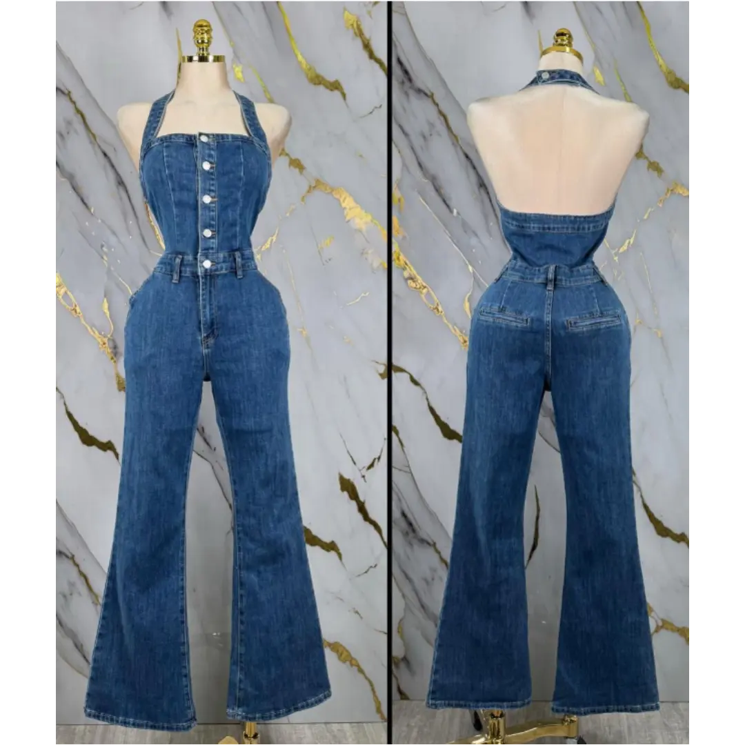 Sexy Denim Halter Jumpsuit – Button Front Flare Leg Jumpsuit