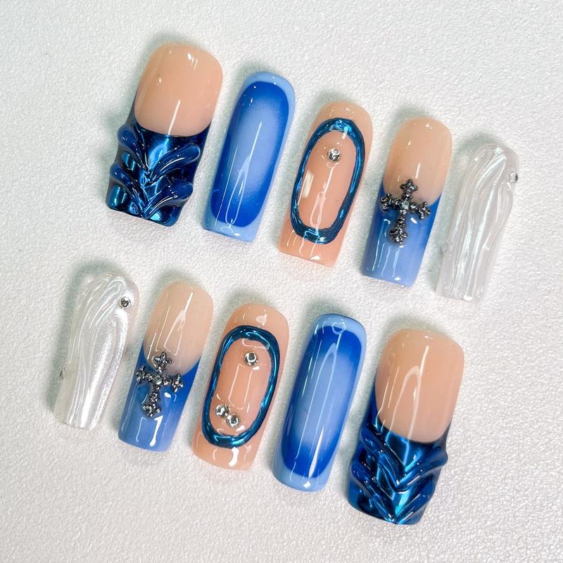 Alice WonderNails – Blue Chrome Cross Press-On Nails | Abstract 3D Swirl Nail Art with Silver Gem Accents | Handmade Long Coffin Nails – AW297