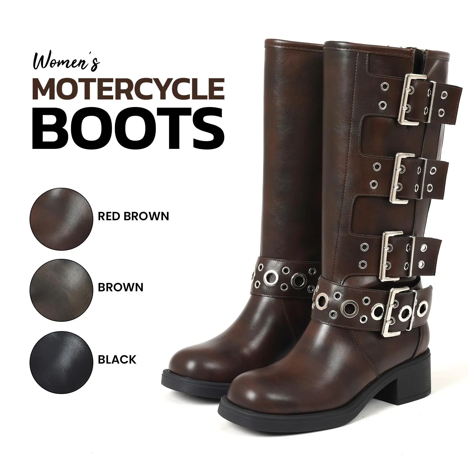 Motercycle Boots For Women Round Toe Chunky Block High Heel Buckles Studs Pull On Punk Rave Rock Party Riding Boots Concert Vintage Trendy Booties Rocky Boots
