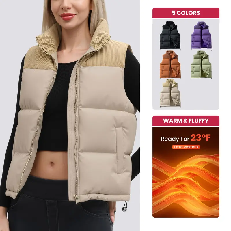Showitty Women's Minimalist Zipper Vest - Lightweight, Warm, Soft Down Cotton-Padded Fitted Waistcoat with Side Pockets, Casual Office Work Vest Top for All Seasons, Business Use