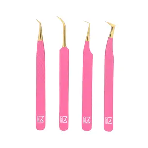 M LASH Tweezers for Eyelash Extensions (Set of 4) - Professional Lash Extension Tweezers - Fiber Tip, Japanese Steel, Diamond Grip Eyelash Extension Tweezer (Pink)
