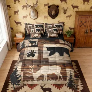 Hunting Bear Deer 7-Piece Bedding Set for Home,Rustic Cabin Patchwork Comforter Set with Sheets,Forest Wildlife Bed in A Bag,Farmhouse Country Cabin Lodge Bed Sets