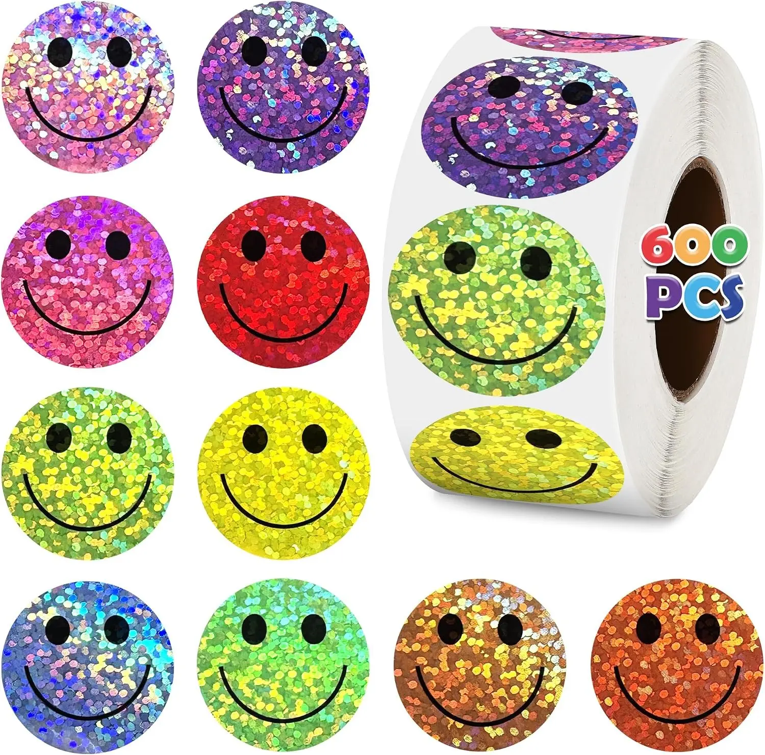 600Pcs 1In 10Colors Glitter Dot Smile Face Stickers Self-Adhesive Die-Cut Sticker Labels for Teachers Reward Classroom Crafts Prizes