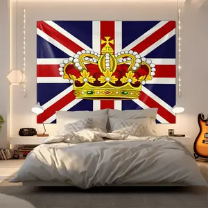 Royal Crown with Union Jack Background Tapestry, Luxurious Wall Hanging, Ornate Digital Print for Home Decor, Perfect for Bedroom or Living Room, Highlighting British Heritage, Regal Gold and Red Design,  Unique Decorative Piece