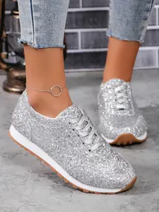 Women's New Sequined Fashion Sneakers, Casual Comfortable Round Toe Shoes, Trendy Sportswear Footwear for Daily Wear, Fashionable Casual Sneakers