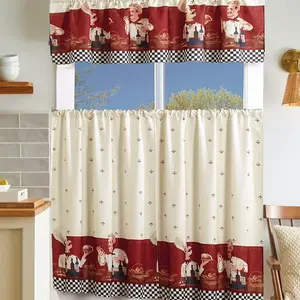 3pcs chef printed design kitchen curtain set, 100% polyester fiber, compact curtain design, suitable for kitchen, laundry room, bedroom, bathroom and other places, easy to maintain, machine washable, non bleaching, low-temperature drying