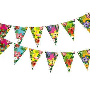 24 Pcs Hawaiian Bunting Banners, Luau Tropical Party Bunting, Summer Triangle Banner, Beach Birthday Jungle Theme Party Supplies
