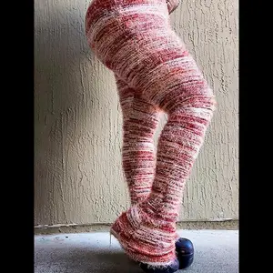 Women's Striped Print Flare Leg Fuzzy Sweater Pants, Casual Street Comfy Knit Bell Bottom Trousers For Fall & Winter, Women's Knitwear For Daily Wear Fit Womenswear Jersey Vibe