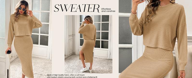 Grace Karin Women's Knitted DressPullover Two-Piece Long Sleeve Pullover Top Skirt Midi SkirtBodycon 2-Piece Set Midi Dress Turtleneck Jumper Dress