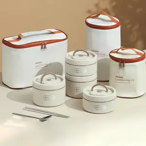 Multi-layer 316 stainless steel lunch box set; microwave-heated portable insulated bento food container; 3-pack insulated food boxes (420 ml and 620 ml); beige wear-resistant lunch containers with insulated carry bag and complete tableware set; universal