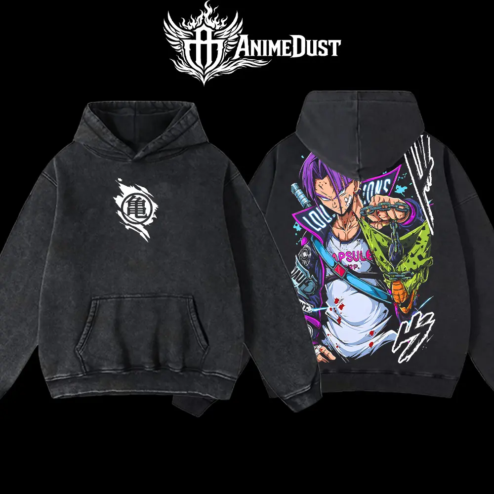 Unisex Future Trunks Premium Washed T-Shirt - Dragon Ball Anime Graphic Tops, Japanese Manga Streetwear Oversized Seamless Fabric Tee, Vintage Acid Wash Hoodie-Inspired Menswear Shirt, Sweatshirts, Spandex, Pocket, Polyester, Style, Everyday