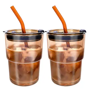 Yawbay 2 PCS Iced Coffee Cups with Lids, 15Oz/450ml Glass Cups With Lids and Straws, Iced Coffee Glasses Tumbler, Thick Wall Glass Mug For Tea Water With 2 Straw And Leather Sleeve, Xmas Gifts (Amber)