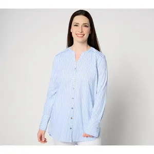 Isaac Mizrahi Live! Regular Yarn-Dye Stripe Button-Front Poplin Tunic