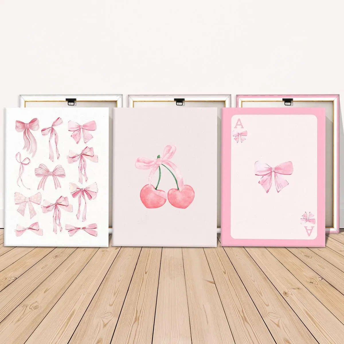 Wooden Framed Canvas Painting, 3 Counts/set Cute Bow Pattern Wall Art for Girl, Wall Decor for Home Living Room Bedroom Office