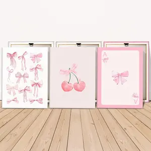 Wooden Framed Canvas Painting, 3 Counts/set Cute Bow Pattern Wall Art for Girl, Wall Decor for Home Living Room Bedroom Office