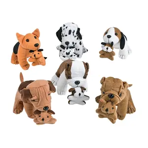 6" - 7" Brown, White & Black Stuffed Dogs Holding Puppies - 12 Pc.