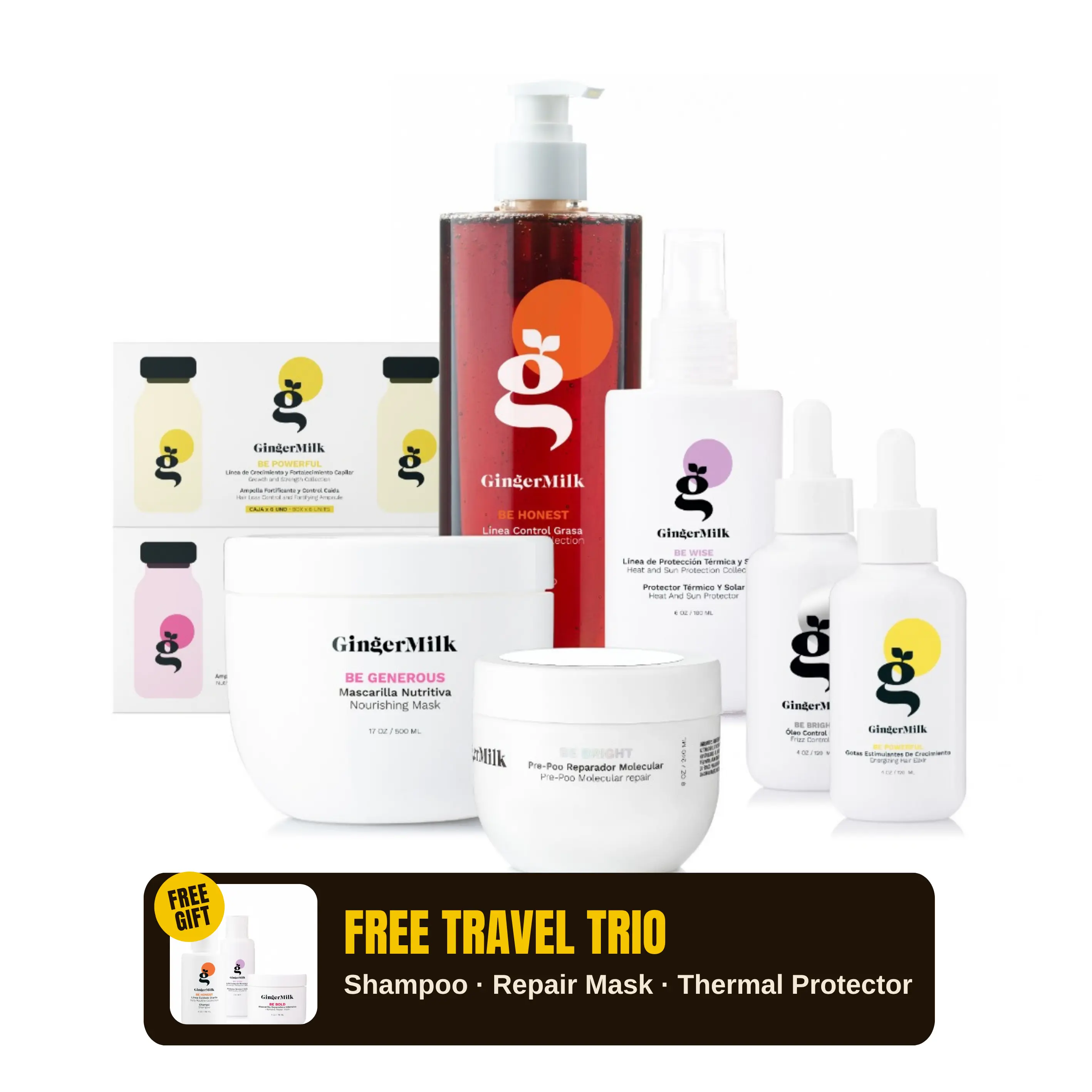 [LIVE] Strength & Nutrition Kit | Be Honest Shampoo 16oz + Be Generous Mask 17oz + Be Bright Pre-Poo 8oz + Be Wise Heat Protector 6oz + Be Bright Frizz Oil 4oz + Be Powerful Dropper 4oz + Be Powerful Ampoules x6 + Be Generous Ampoules x6 | Ginger Milk