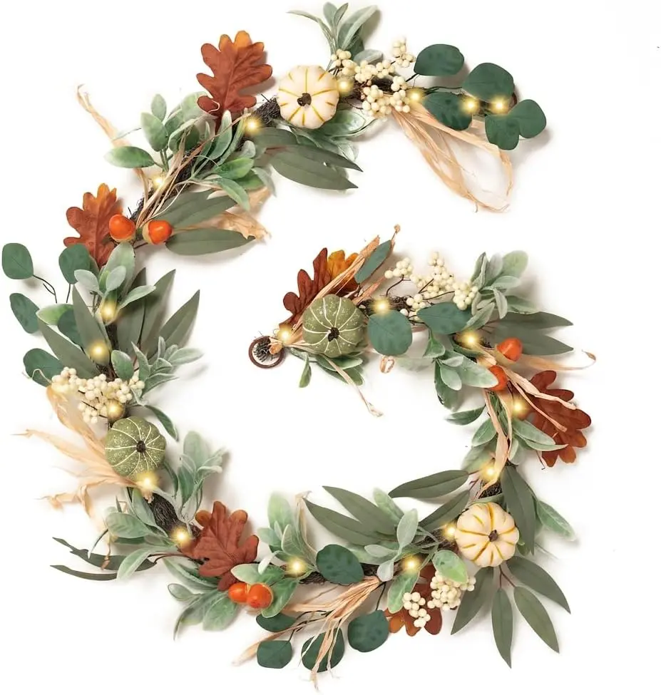 6ft Fall Garland for Mantle with Pumpkins Lambs Ear Leaves Garland with Lights Autumn Thanksgiving Harvest Table Centerpiece Decorations for Home Porch Fireplace Decor
