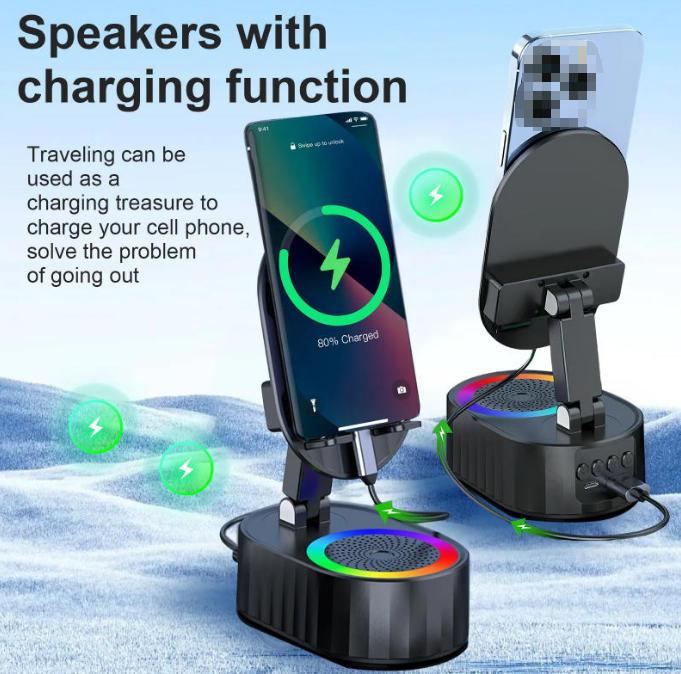Newly upgraded 2.0 version Wireless Induction Audio Bluetooth Speaker 5in1 Cellphone Holder USB Emergency Rechargeable (3000mAh) Portable Power Mobile Tablet Stand with Colorful Ambient Light Gifts for Friend, Family